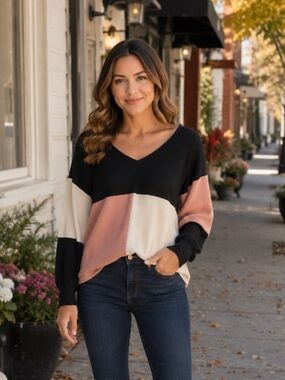 Cleo Petites Colorblock Waffle Knit V Neck Pullover Sweater Size L